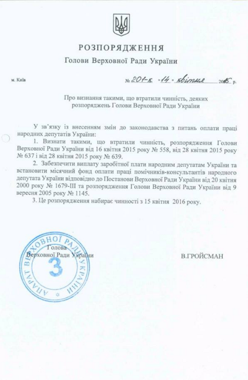 Распоряжение Владимира Гройсмана Распоряжение Владимира Гройсмана