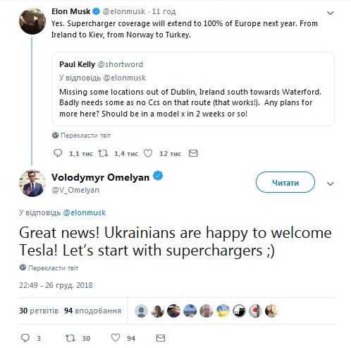 Не "Гиперлупом" единым: Маск выдал анонс о появлении заправок для электрокаров Tesla в Украине