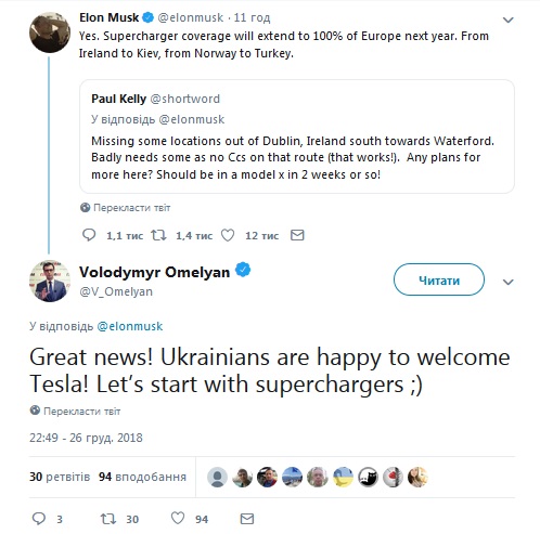 Не "Гиперлупом" единым: Маск выдал анонс о появлении заправок для электрокаров Tesla в Украине Не "Гиперлупом" единым: Маск выдал анонс о появлении заправок для электрокаров Tesla в Украине