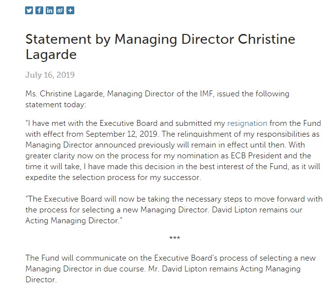 Дембель Кристин Лагард: глава МВФ объявила об отставке