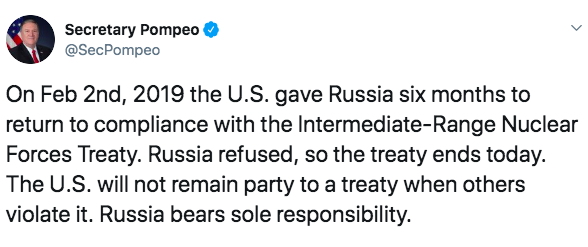 "Смерть" ракетного договора: США и Россия официально подтвердили выход из ДРСМД "Смерть" ракетного договора: США и Россия официально подтвердили выход из ДРСМД