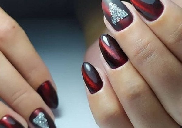 Модный бордовый маникюр – кошачий глаз, матовые ногти и лунный маникюр - фото
