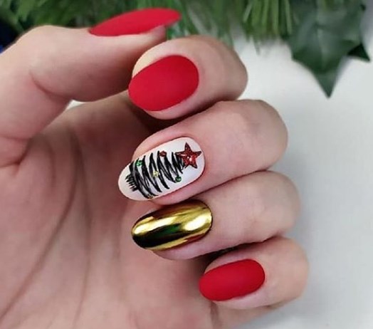 Красный новогодний маникюр 2020