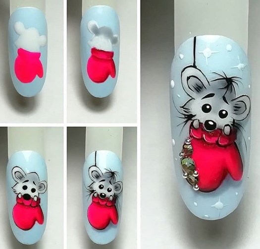 Новогодний маникюр с мышкой