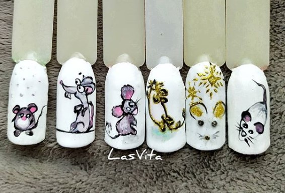 Новогодний маникюр с мышкой