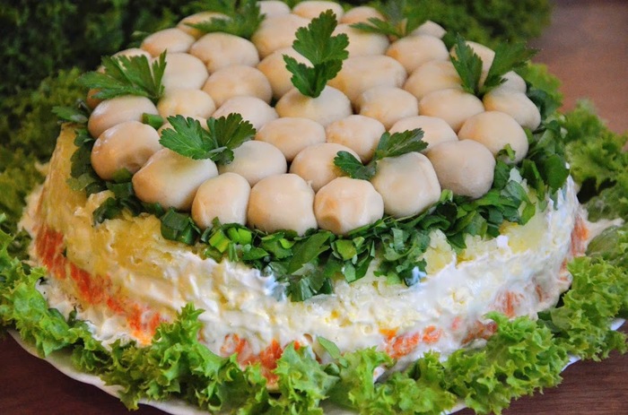 Салат «Грибная поляна» с опятами пошагово – пошаговый рецепт приготовления с фото