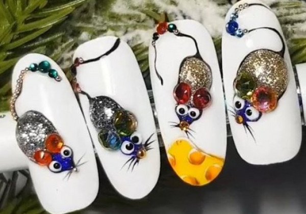 Праздничный маникюр мышка - стильный маникюр на Новый год 2020 год Крысы фото