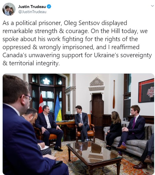 "Смотрит на клоуна с пренебрежением": Сенцов и Трюдо поговорили о политзаключенных "Смотрит на клоуна с пренебрежением": Сенцов и Трюдо поговорили о политзаключенных