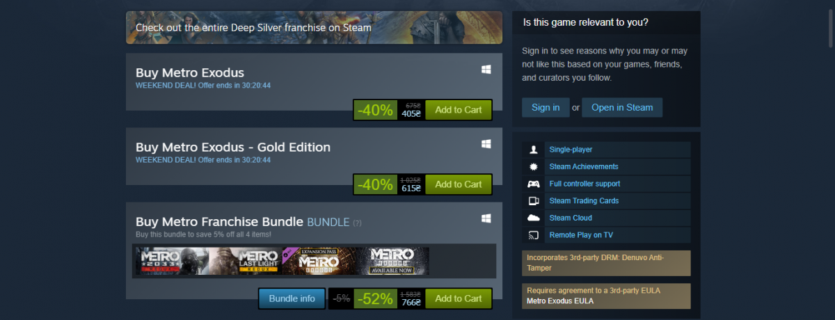 Сторінка ціни Metro Exodus в Steam / 4A Games