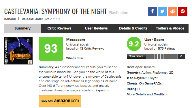 Оценка Castlevania: Symphony of the Night на Metacritic