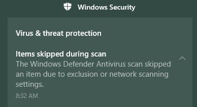 Уведомление Windows Defender