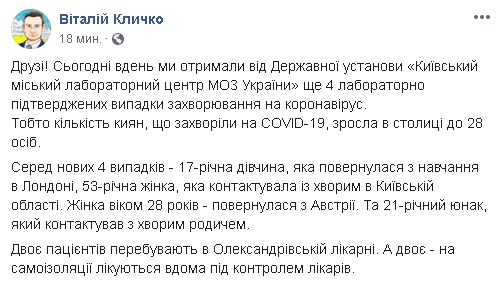 В Киеве продолжается рост зараженных коронавирусом, Кличко бьет тревогу