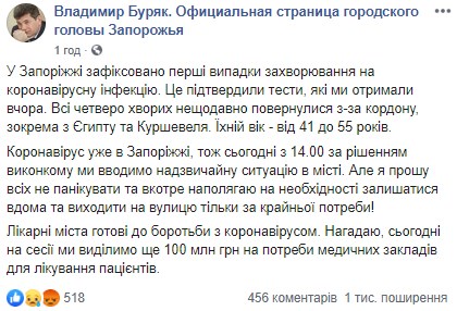 Ковид-19 прибыл из Египта и Куршевеля: в Запорожье ввели режим чрезвычайной ситуации