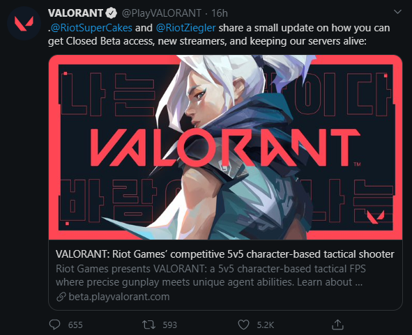 Твит об изменении системы выпадения ключей для Valorant