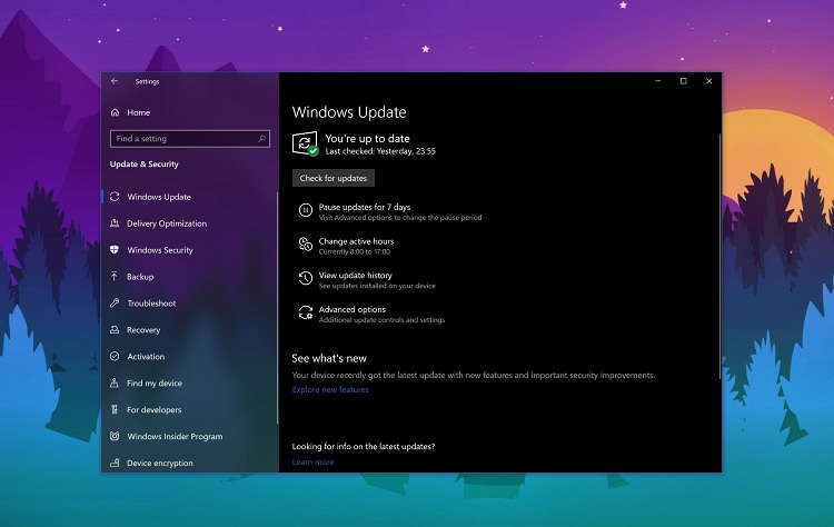 Меню обновления Windows 10