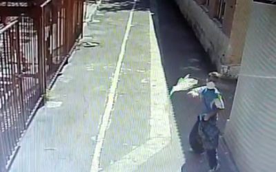 Нападавший бросает мусор в сторону здания синагоги / Скриншот JewishNews