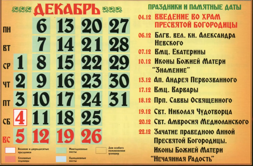 Православний календар на грудень 2021