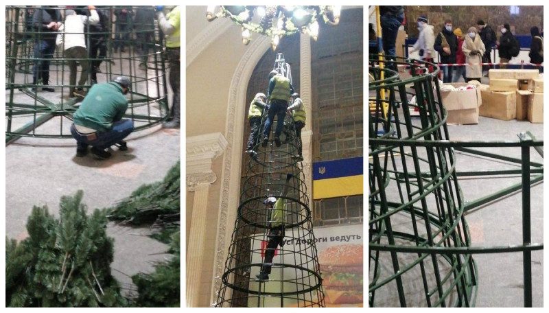 Скандальна ялинка знайшлася: на залізничному вокзалі Києва встановлюють новорічне дерево