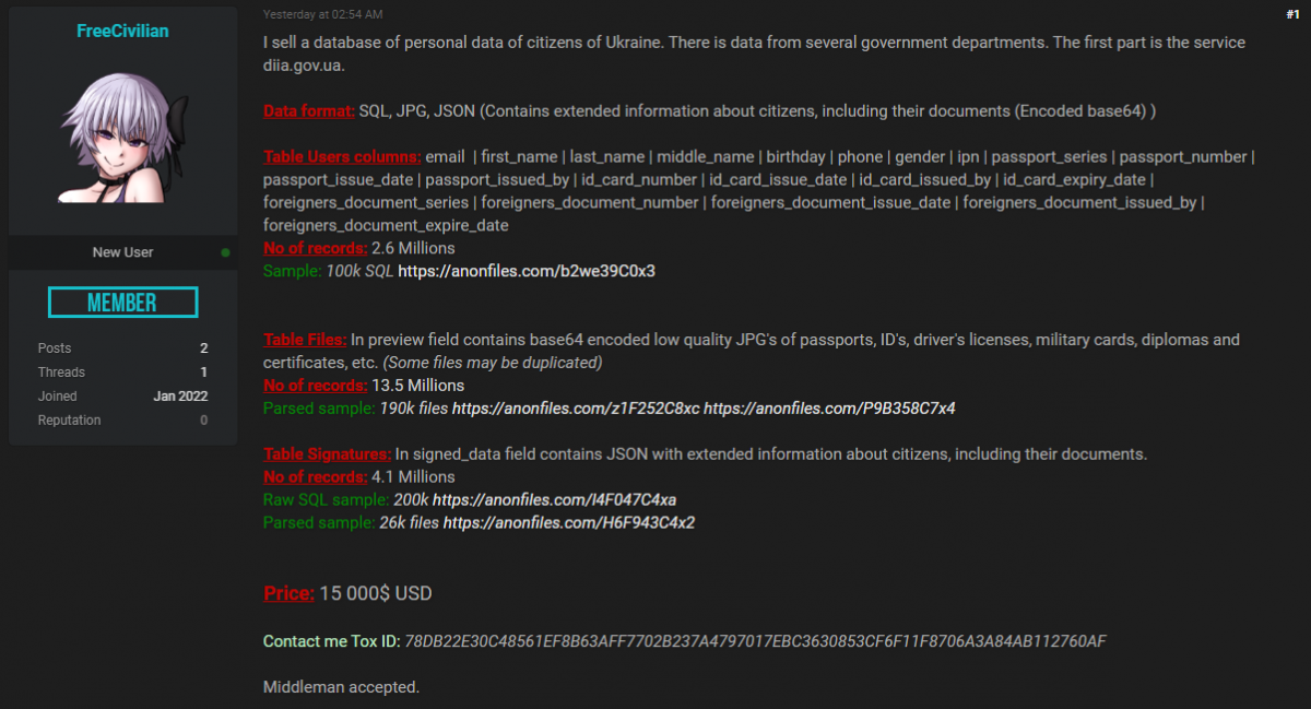 У Мережі виставили на продаж персональні дані 2,6 млн українців: Мінцифри відреагувало У Мережі виставили на продаж персональні дані 2,6 млн українців: Мінцифри відреагувало