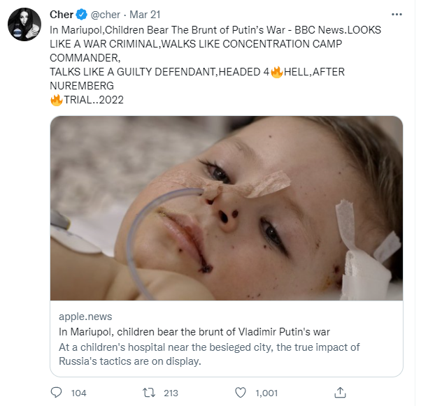 'Путін відправиться в пекло після Нюрнберзького процесу': Шер показала світу поранену в Маріуполі дитину