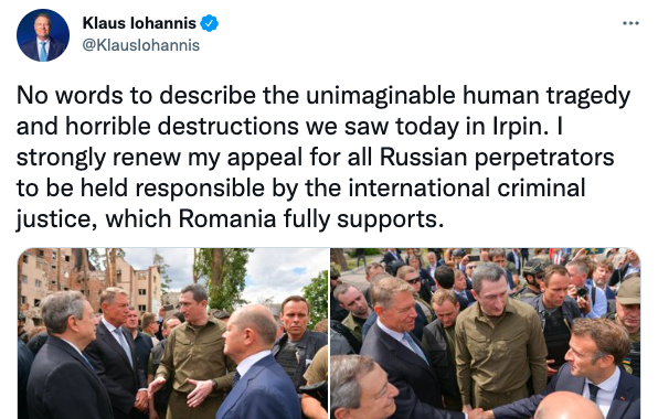 'Всі російські злочинці повинні понести відповідальність': президент Румунії після візиту в Ірпінь 'Всі російські злочинці повинні понести відповідальність': президент Румунії після візиту в Ірпінь
