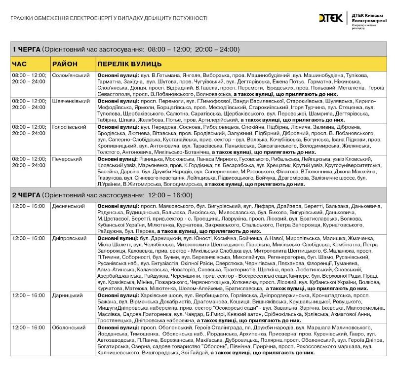 Графіки відключення електроенергії у Києві
