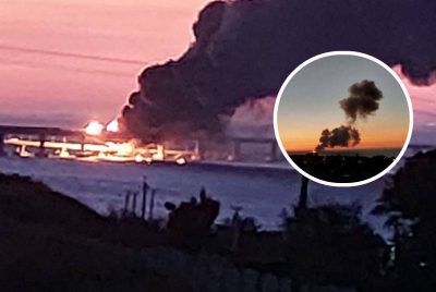 Горить Кримський міст: піднімається величезний стовп чорного диму, рух перекритий