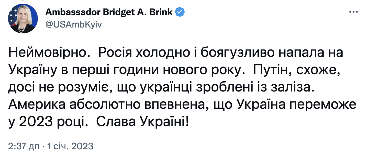 'Путін не розуміє, що українці зроблені із заліза': посол США впевнена в перемозі України у 2023 році 'Путін не розуміє, що українці зроблені із заліза': посол США впевнена в перемозі України у 2023 році