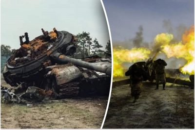 Знищений російський танк, українські військові Знищений російський танк, українські військові