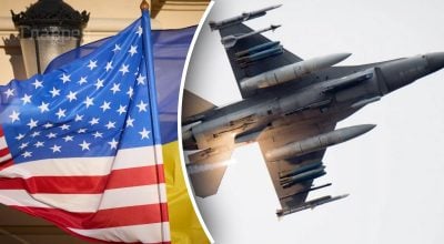 F-16, флаги Украины и США 