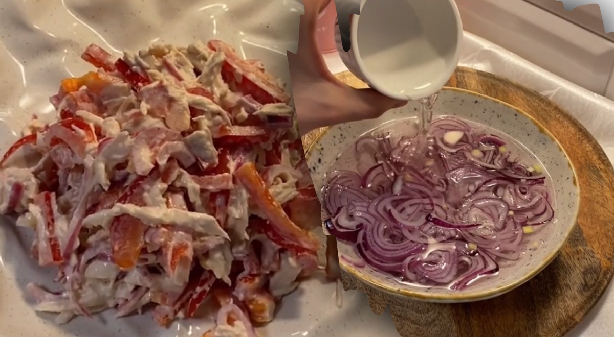 Его будут есть все: быстрый и оригинальный салат из курицы и маринованного лука