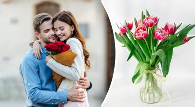 Влюбленная пара, букет цветов