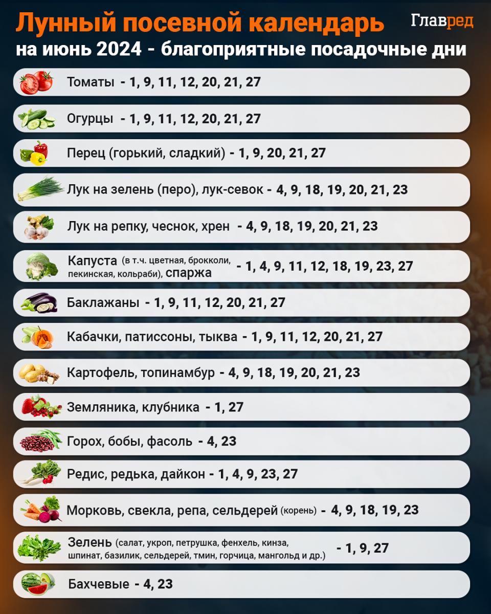 Місячний посівний календар на червень 2024 року