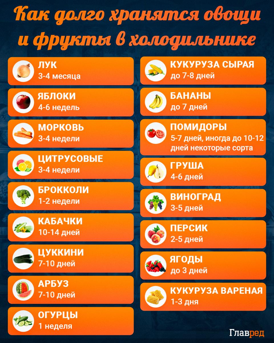 Как долго хранятся овощи и фрукты в холодильнике инфографика