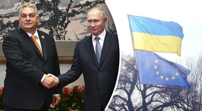 Орбан и Путин, флаги Украины и ЕС
