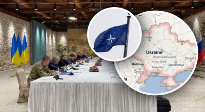 Переговоры, карта Украины, флаг НАТО Переговоры, карта Украины, флаг НАТО