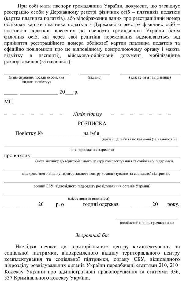 Повістка, сформована за допомогою електронного реєстру, та від керівника ТЦК