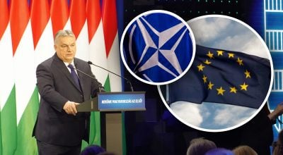 Орбан, флаг НАТО, флаг ЕС Орбан, флаг НАТО, флаг ЕС