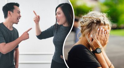 Сварка, чоловік і жінка сваряться, дівчина плаче Сварка, чоловік і жінка сваряться, дівчина плаче