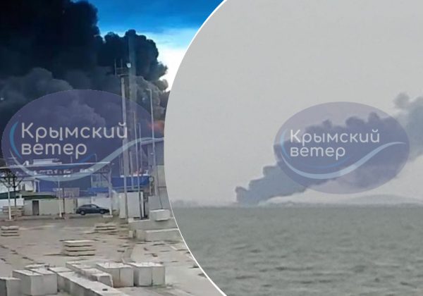 Димом затягнуло все навколо: у порту "Кавказ" підірвано російський пором