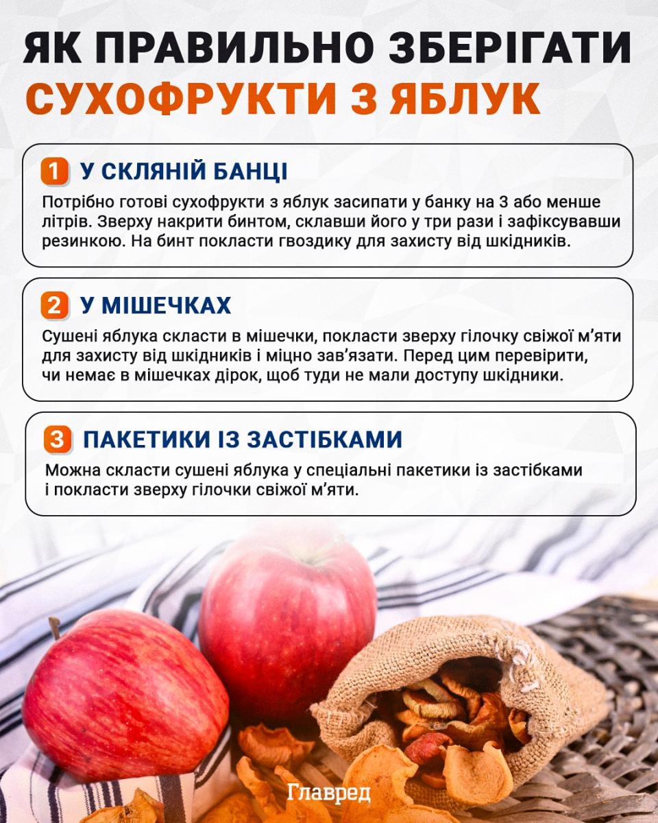 Як правильно зберігати сухофрукти з яблук інфографіка