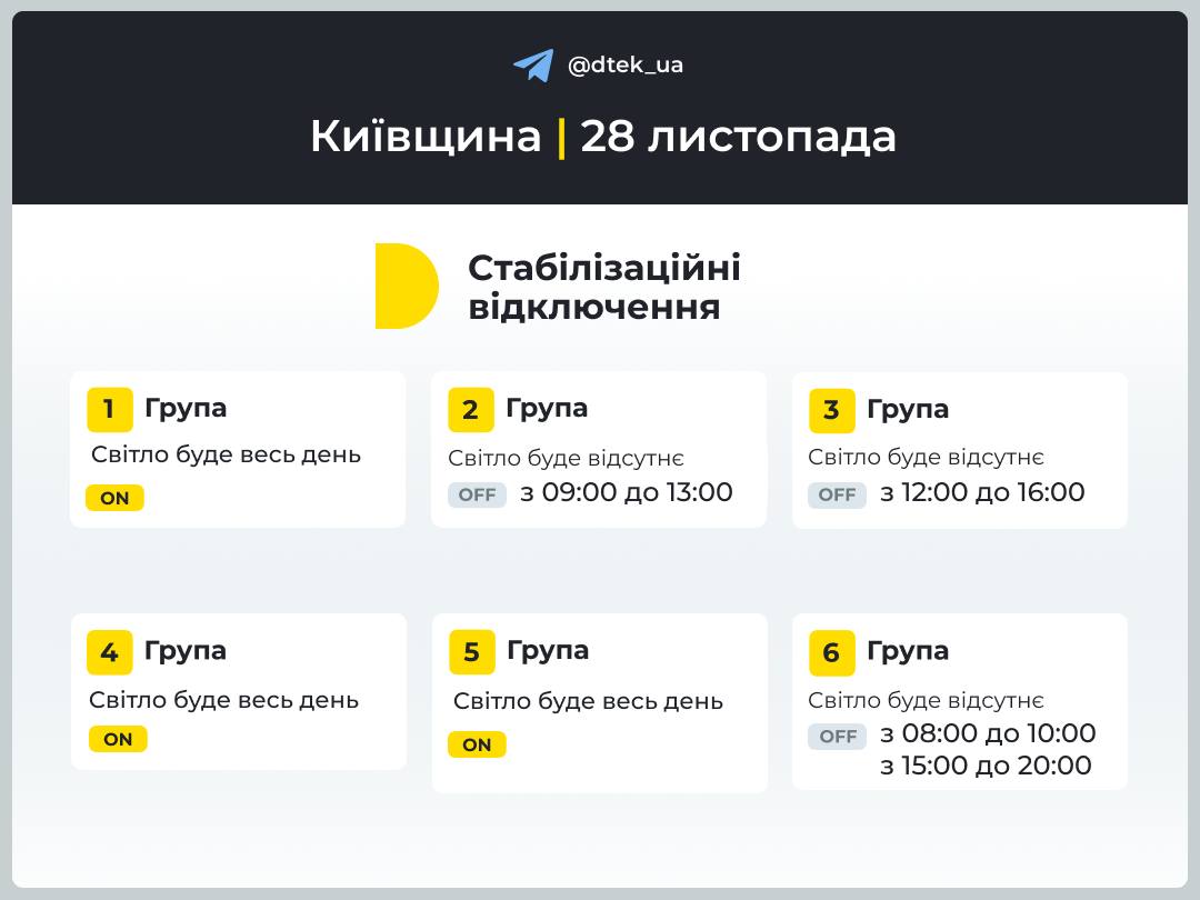 Графік вимкнення світла на 28 листопада Графік вимкнення світла на 28 листопада