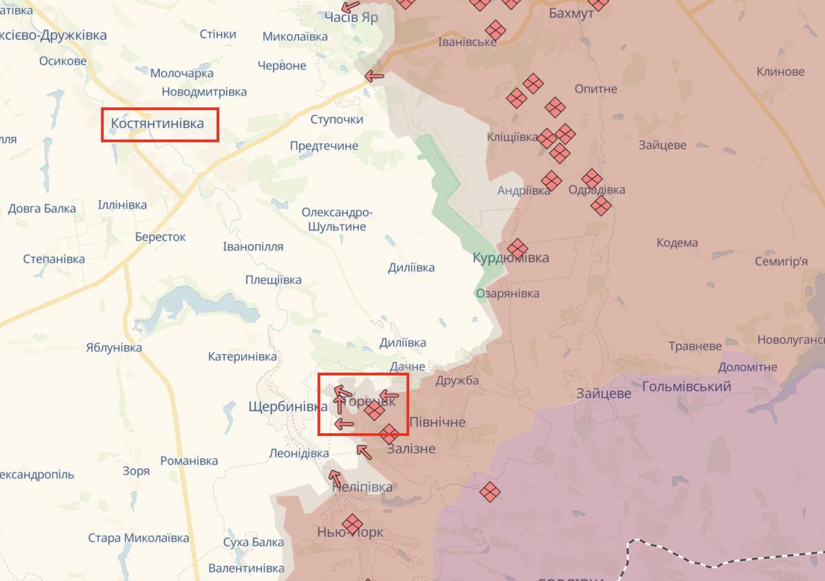 Торецк и Константиновка на карте 