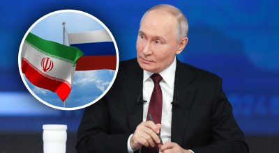 Владимир Путин, флаг России, флаг Ирана Владимир Путин, флаг России, флаг Ирана