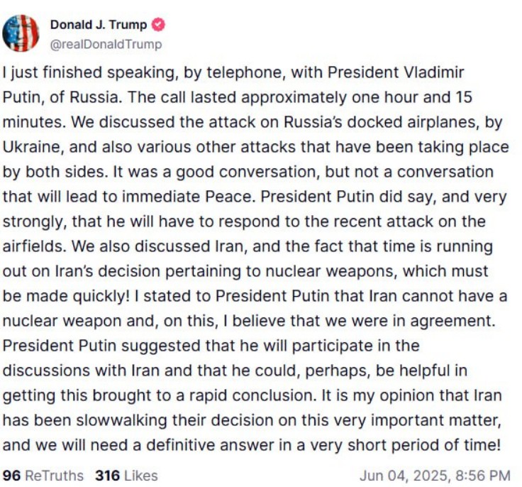 Трамп созвонился с Путиным: в Кремле пообещали ответку за 'нападение на аэродромы' Трамп созвонился с Путиным: в Кремле пообещали ответку за 'нападение на аэродромы'