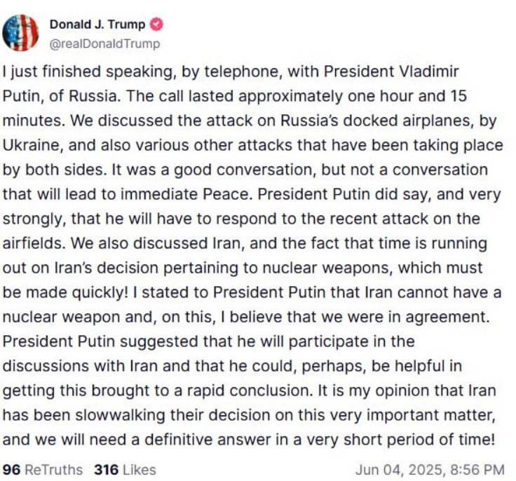 Трамп зідзвонився з Путіним: у Кремлі пообіцяли відповідь за 'напад на аеродроми' Трамп зідзвонився з Путіним: у Кремлі пообіцяли відповідь за 'напад на аеродроми'