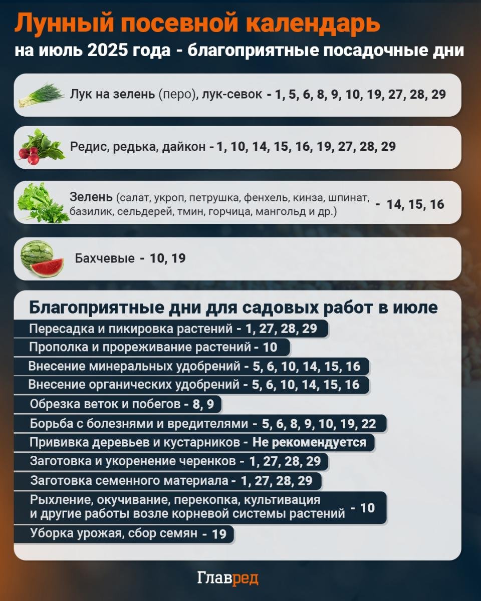 Посівний календар на липень 2025 року Посівний календар на липень 2025 року