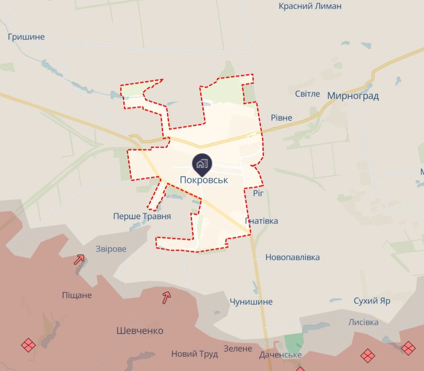 Ситуация около Покровска по даным Deepstatemap