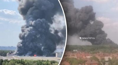 Небо затягнуло густим димом: в Ростові спалахнула гігантська пожежа після вибухів Небо затягнуло густим димом: в Ростові спалахнула гігантська пожежа після вибухів