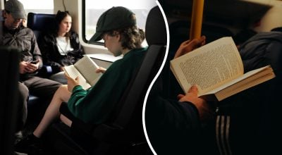 Девушка читает книгу в автобусе, книга Девушка читает книгу в автобусе, книга
